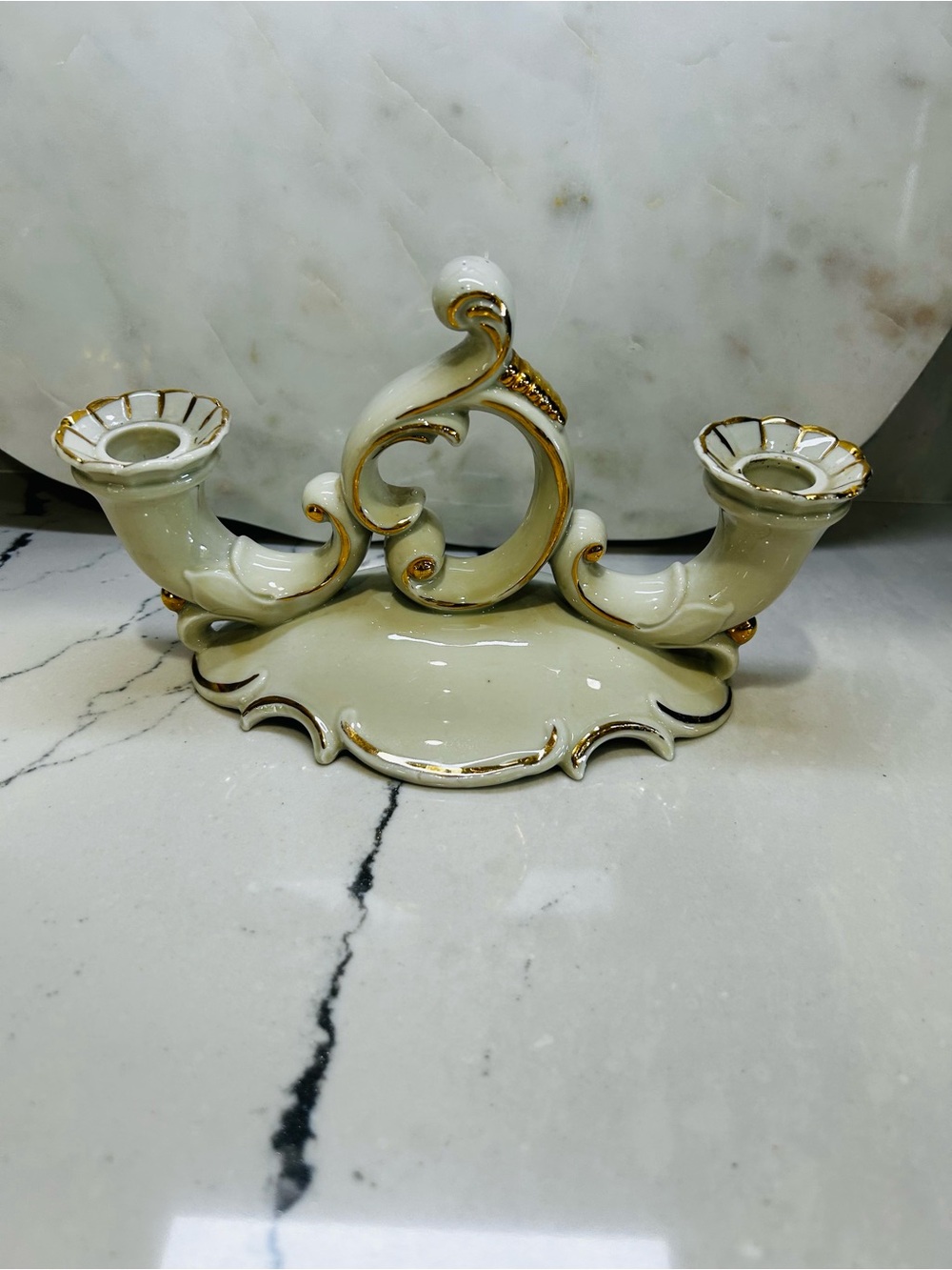 Elegant Cream and Gold Porcelain Double Candle Holder